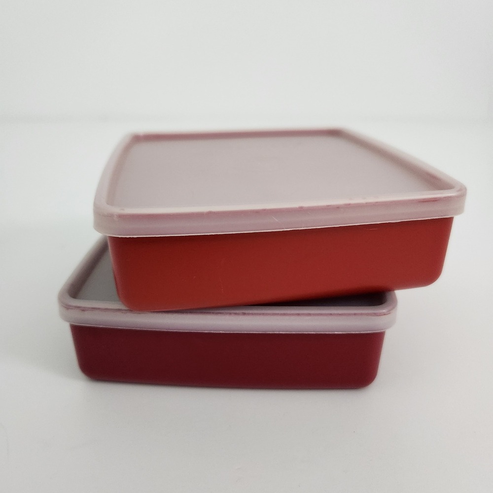 Tupperware Vintage Square Snack Containers Red Burgundy Set of 2 Made in USA